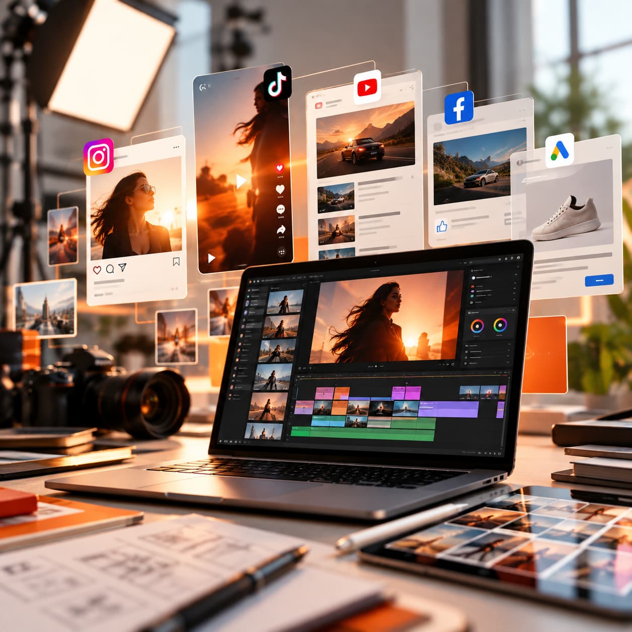 Sosyal medya ve reklam formatları için kreatif üretim ve video kurgu masası görseli